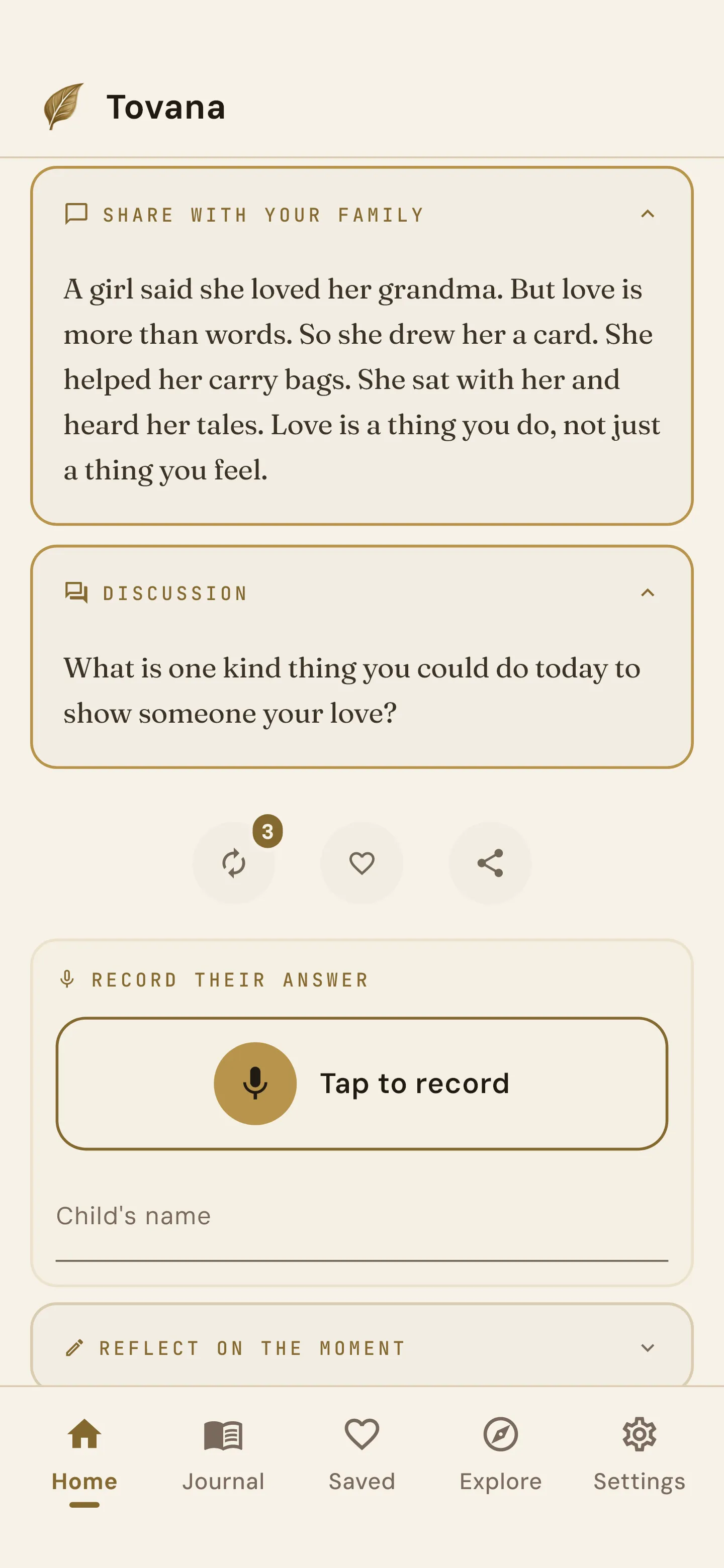 The kid version of a card, its question, and Tap to record their answer